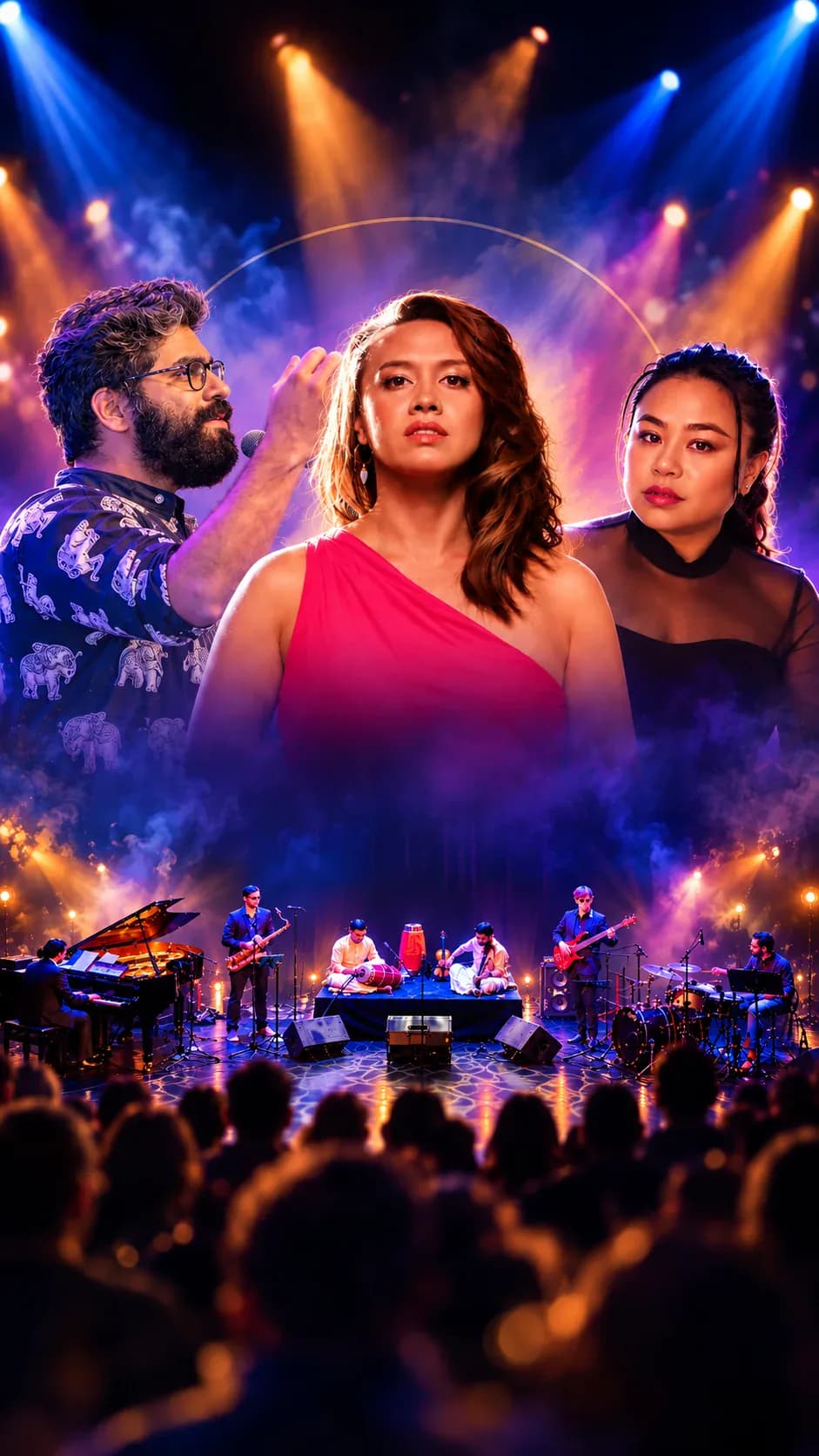 Pangaea Music Festival ensemble — musicians gathered around a grand piano on stage.