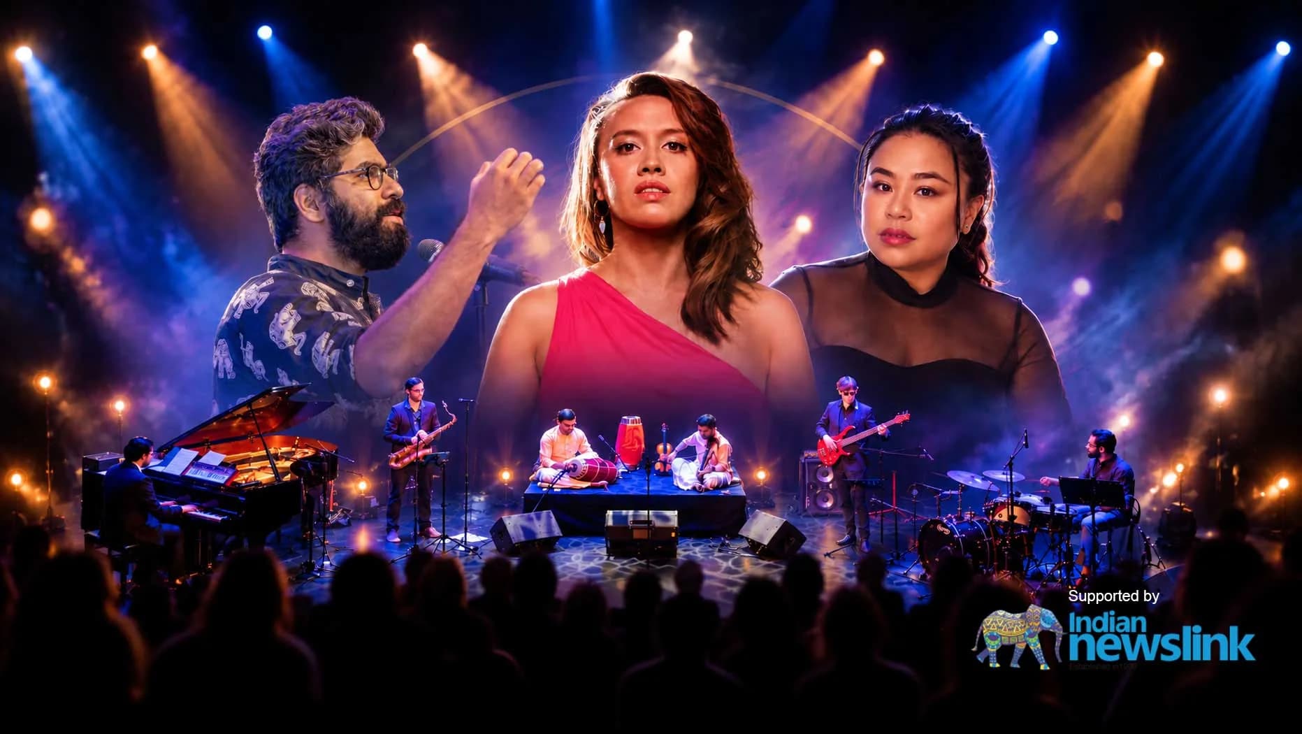 Pangaea Music Festival ensemble — musicians gathered around a grand piano on stage.